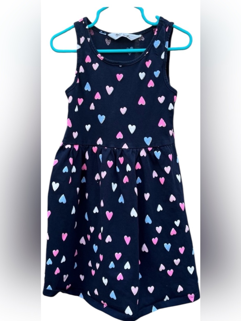 H&M Size 4-6y Blue Tank Dress with Pink White Silver & Blue Hearts